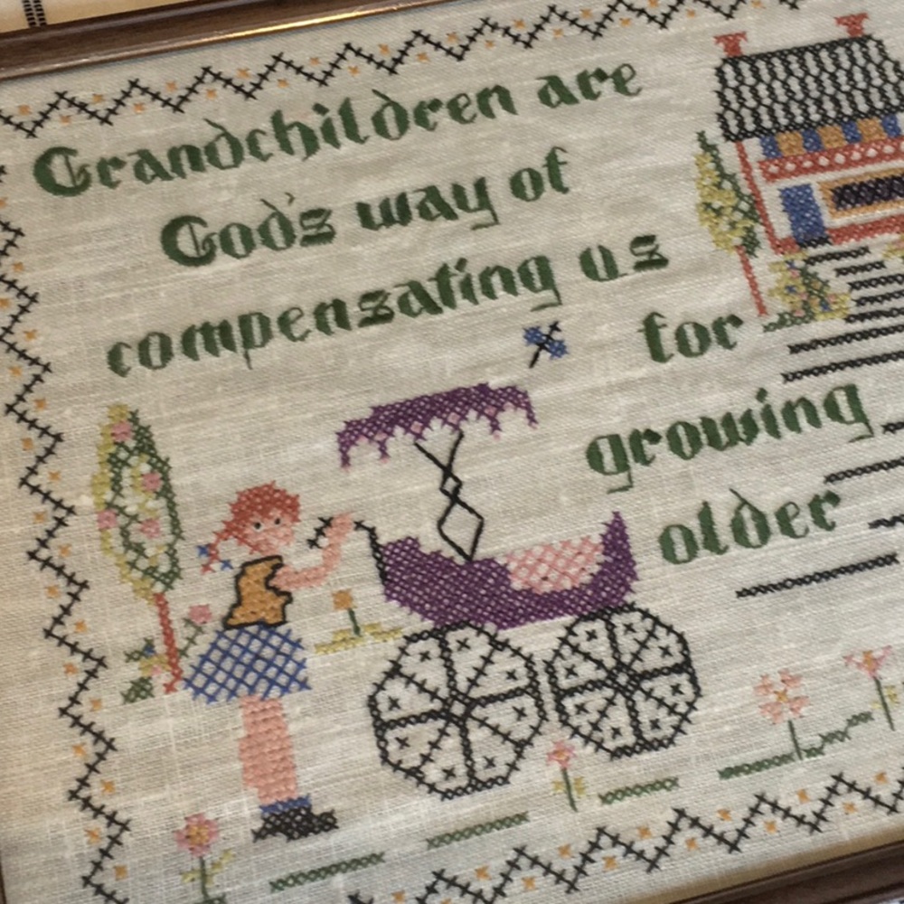 Vintage “Grandchildren” Cross Stitch on Linen Framed